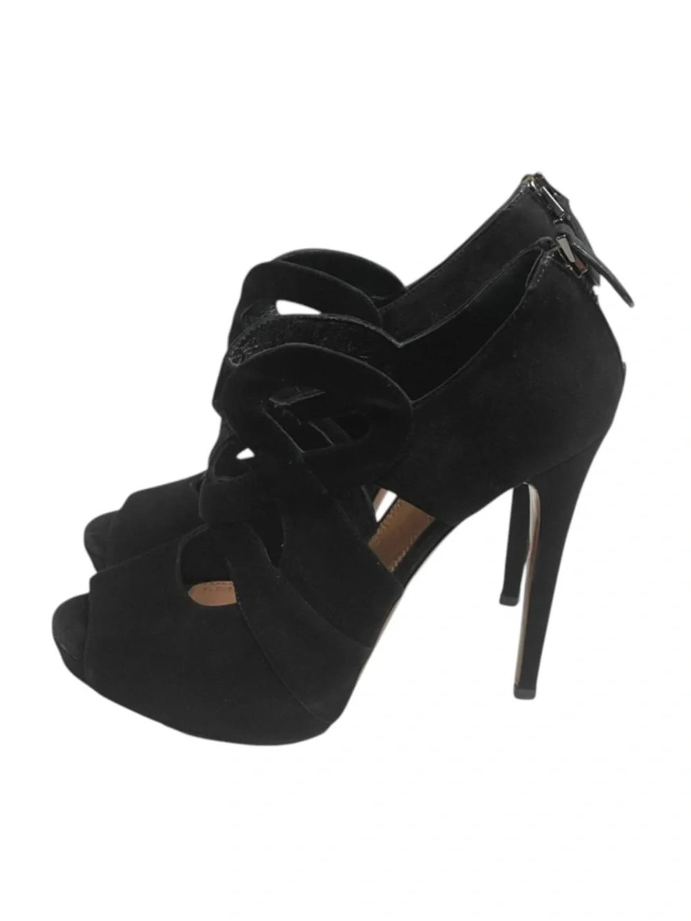 Alaia 𖦹 Cut Out Peep Toe Platform Stiletto Heel Sandals 𖦹 Black Suede 𖦹 37